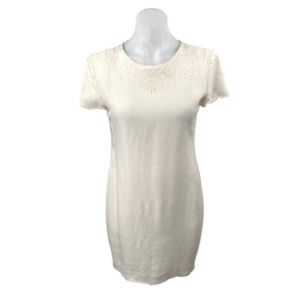 Liz Claiborne Cream White Embroidered Short Sleeve Button Mini Shift Dress Sz 8 - Picture 1 of 4
